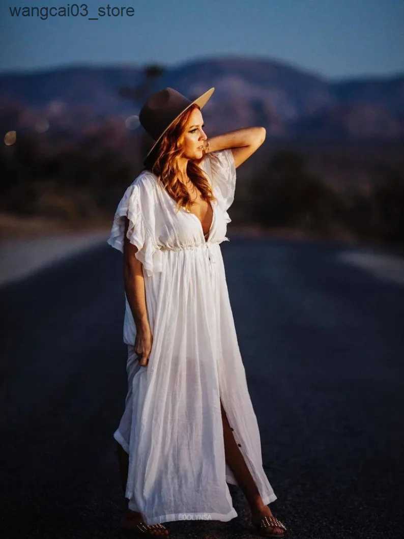 Maternity Dresses Boho Maternity Photography Props Dresses Button Decoration Pregnancy Photo Shoot Bohemian Baby Shower Long Dress Front Slit L240910