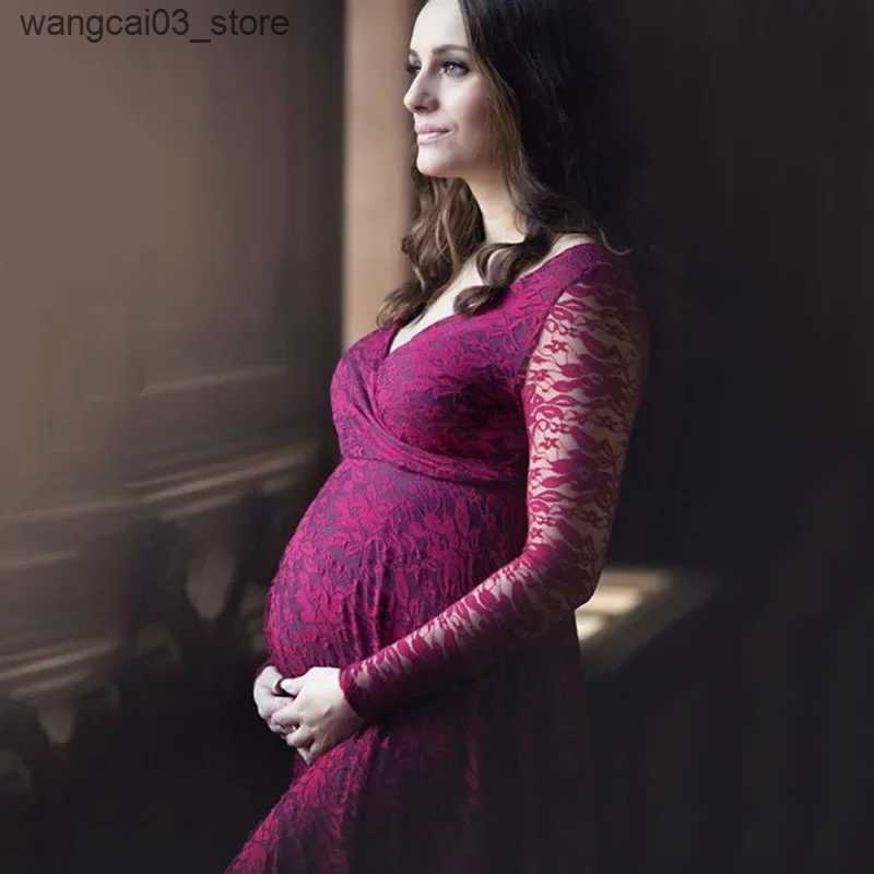 Maternity Dresses Red Wine V-Neck Long Sleeve Maternity Photography Props Maxi Pregnancy Clothes Lace Dress Fancy Shooting Photo Pregnan L240910