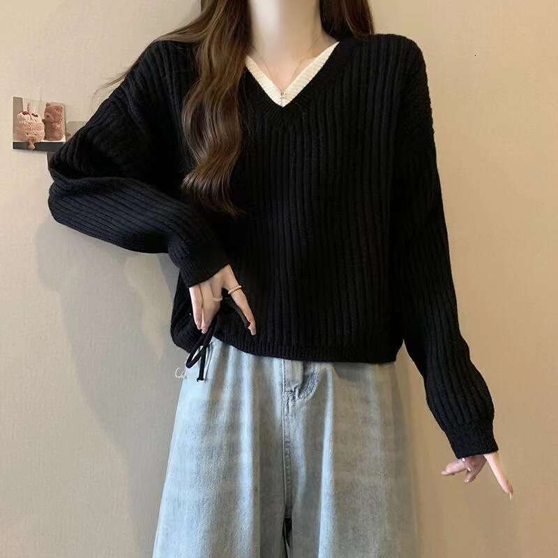 French V-neck fake two piece knitted sweater for women in autumn 2025 new style, slim and versatile, drawstring tied loose top trendy