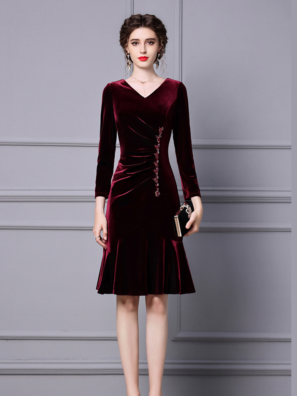 0C-SB9447 407M17 Women's Basic & Casual Dresses Autumn and Winter Golden Velvet Long Skirt Evening Dress