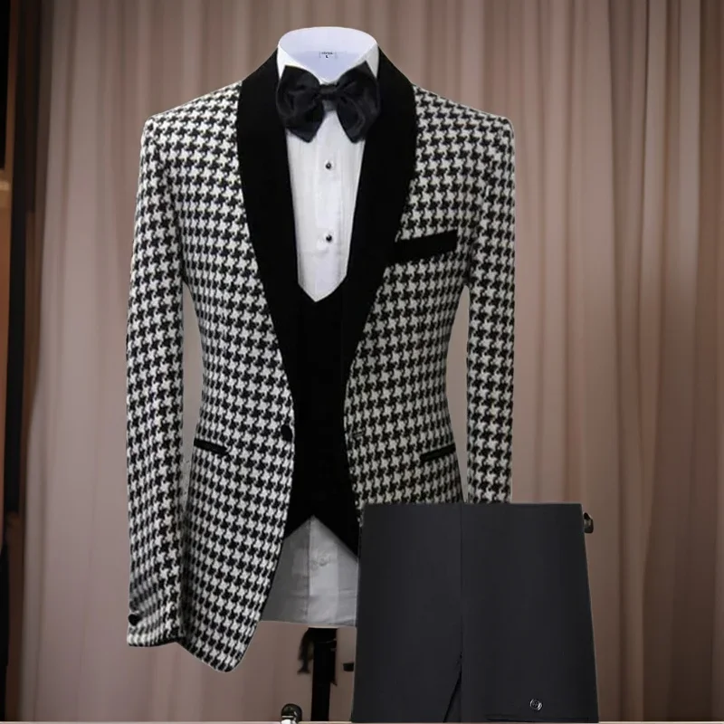 Check Wedding Suits For Men Slim Fit Casual Houndstooth Blazer With Vest Pants 3 Pcs African Groom Tuxedo Wedding Fashion 2024