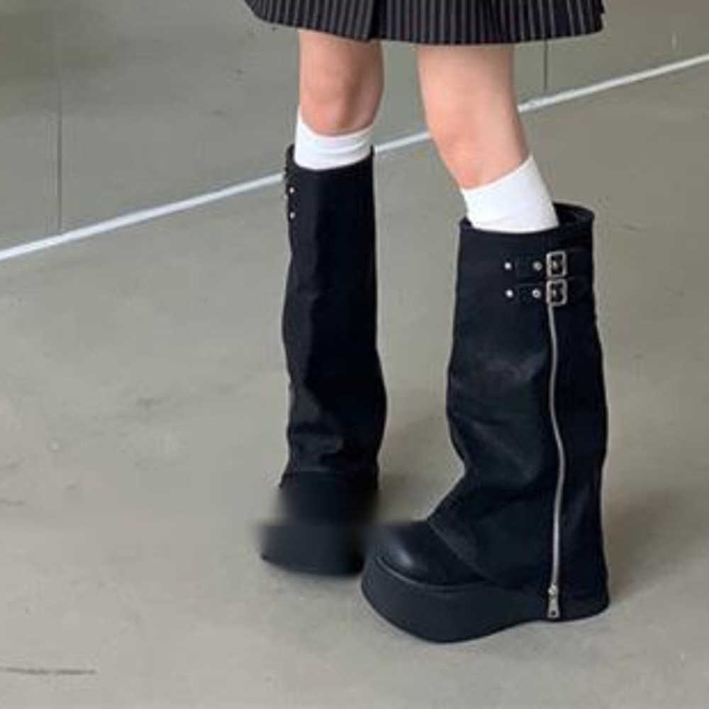 Fishing Thigh High Heel Boots Leather For Women Thick Soled Fashion Boots Model Knee Length Martin Boots Short Bottom Knight Boots 240826