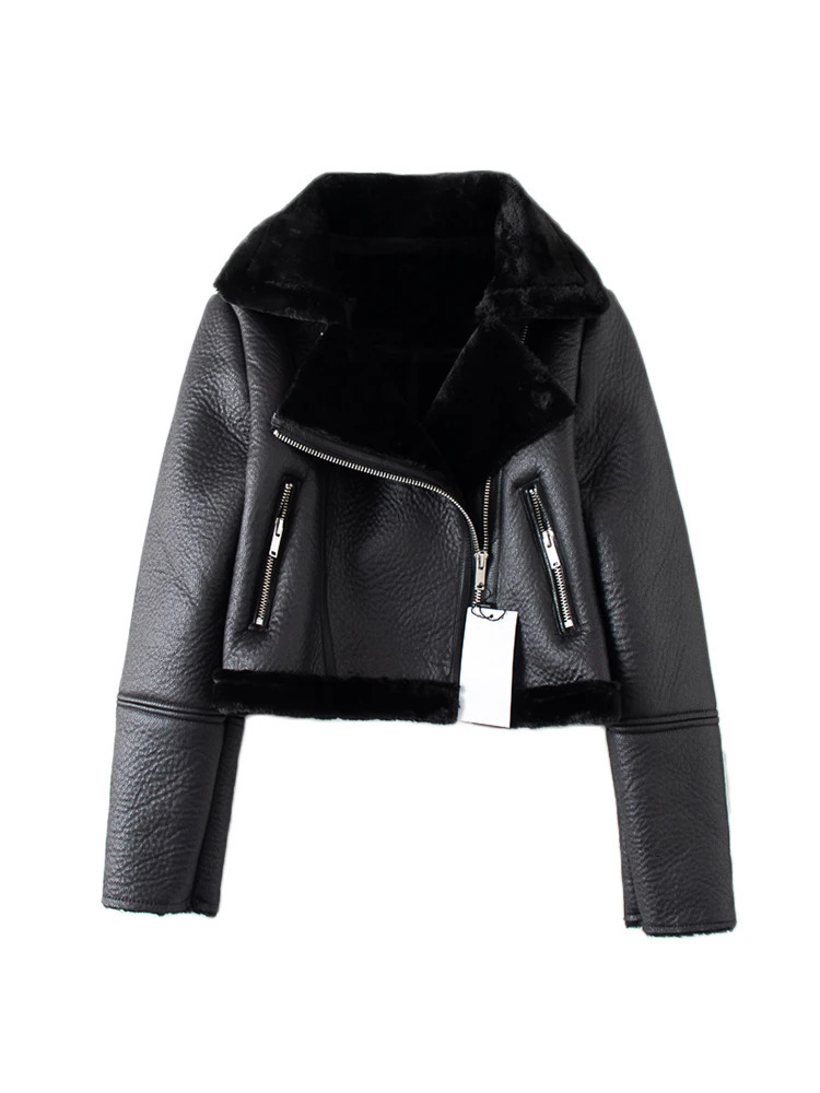Streetwear Women Thick Warm Faux Leather Fur Short Jacket Autumn Winter Female Zipper Moto Biker Coat Outwear Tops 240930