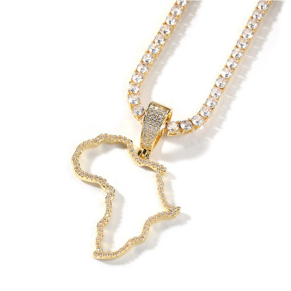 Vintage Hollow Map of Africa Pendant Necklace 5A Zircon Men Women Couple Jewelry