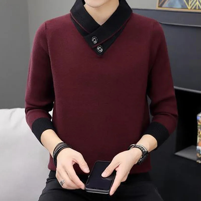 2023 Autumn Winter Mens Turtleneck Thick Long Sleeve Sweaters Korean Trend Solid Color Spliced Knitted Pullovers Male Clothes 240930