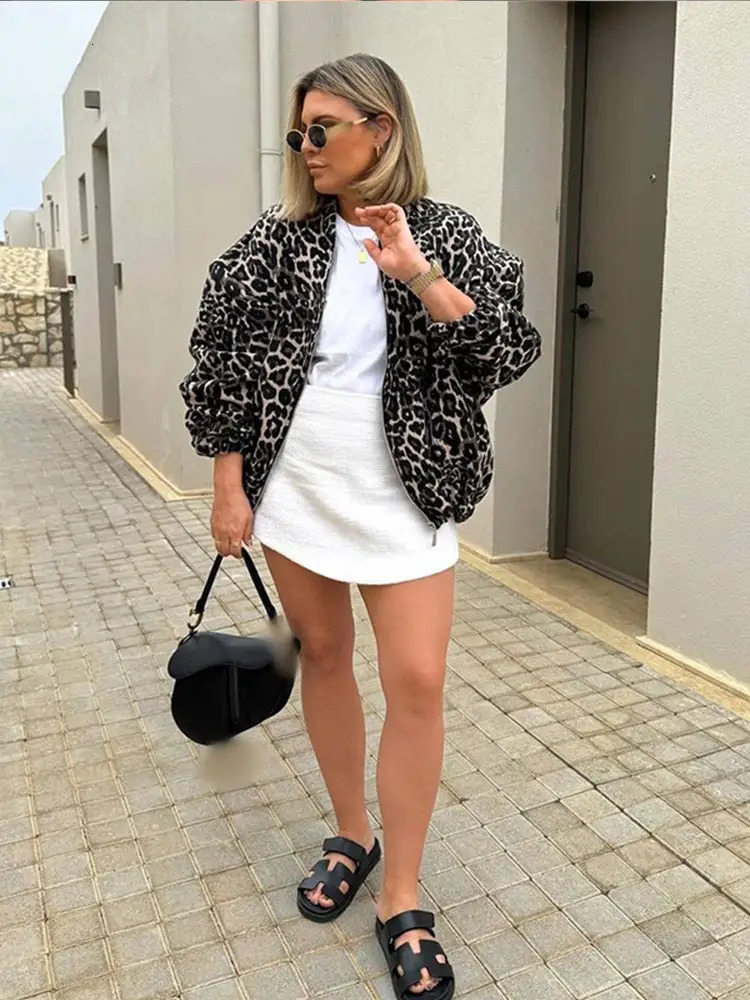 Fashion Leopard Pattern Cashmere Coat Autumn/Winter Fashion Warm Coat Womens O-neck Zipper Loose Jacket 241007