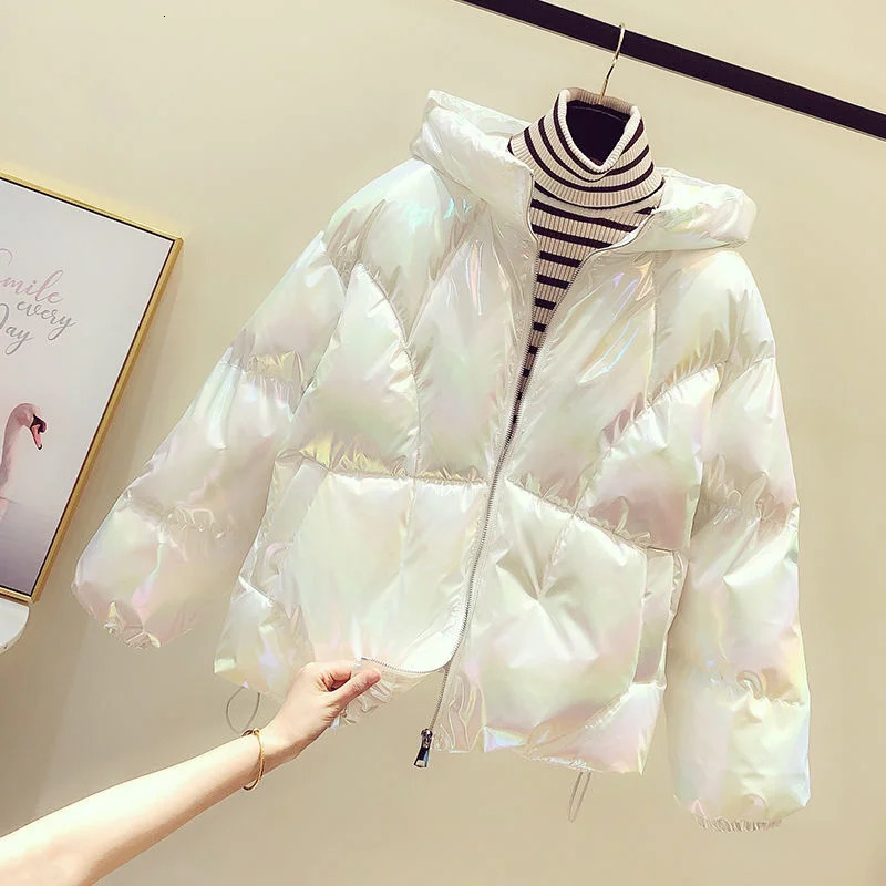 Down Cotton Jacket Winter Coat Thick Fashion Padded Short Hooded Ins Bread Clothing Pleated Bright White Parka 241009