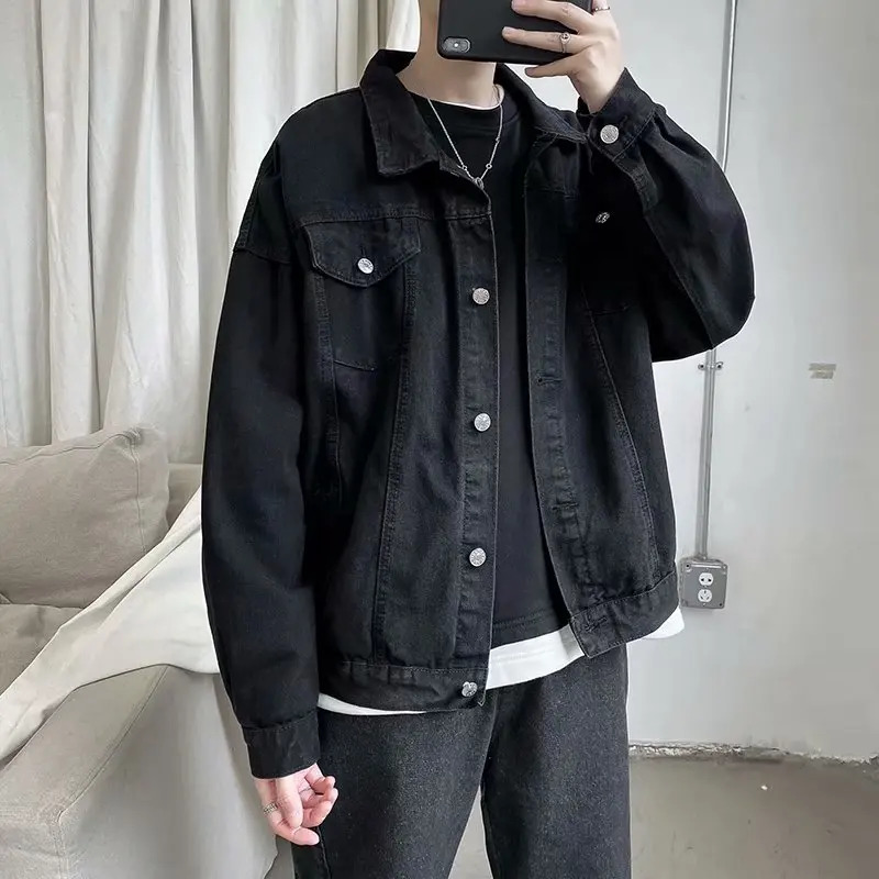 Black Denim Short Jacket Men Turn Down Collar Bomber Jeans Coats Casual Pockets Overalls Streetwear Man Clothing Outwear 240905