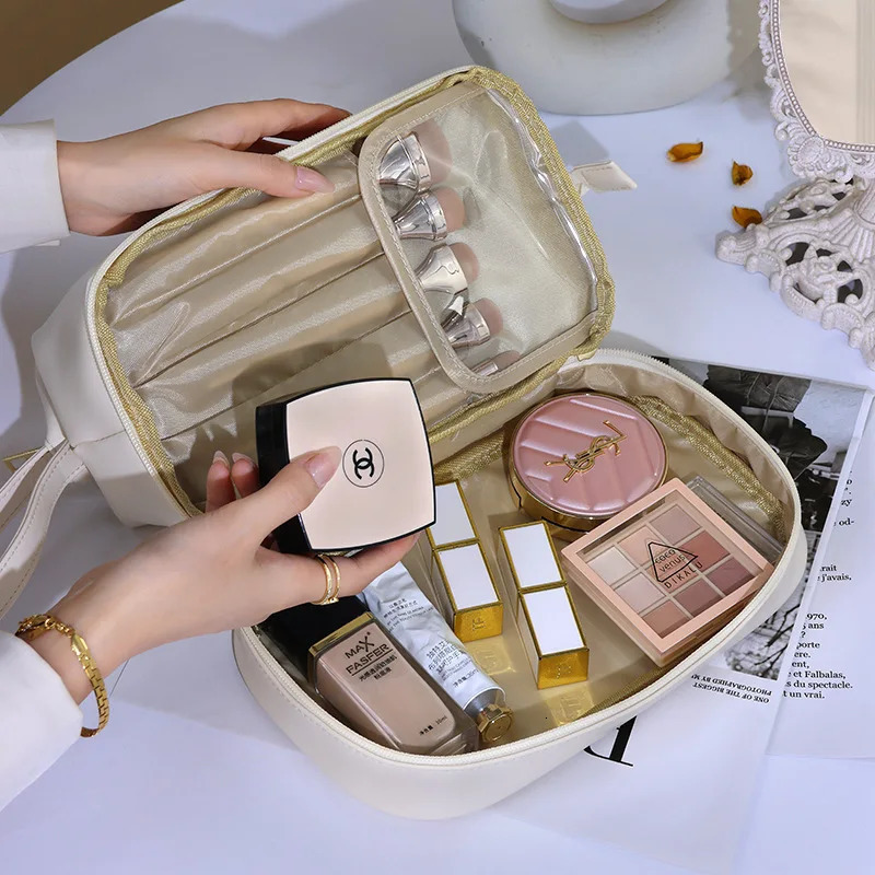 Waterproof PU travel zipper portable makeup bag toilet storage organizer multifunctional double-layer thick makeup bag 241008