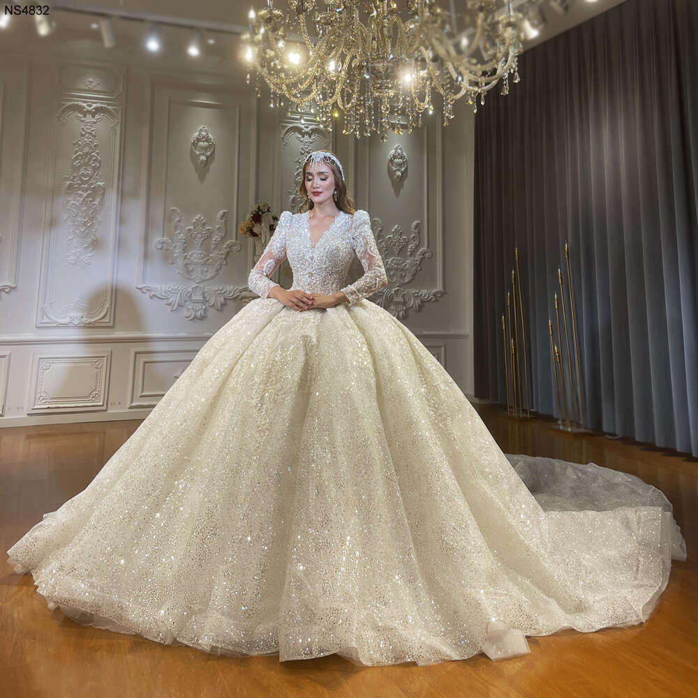 Royal V-necke Lace Shiny Wedding Dress