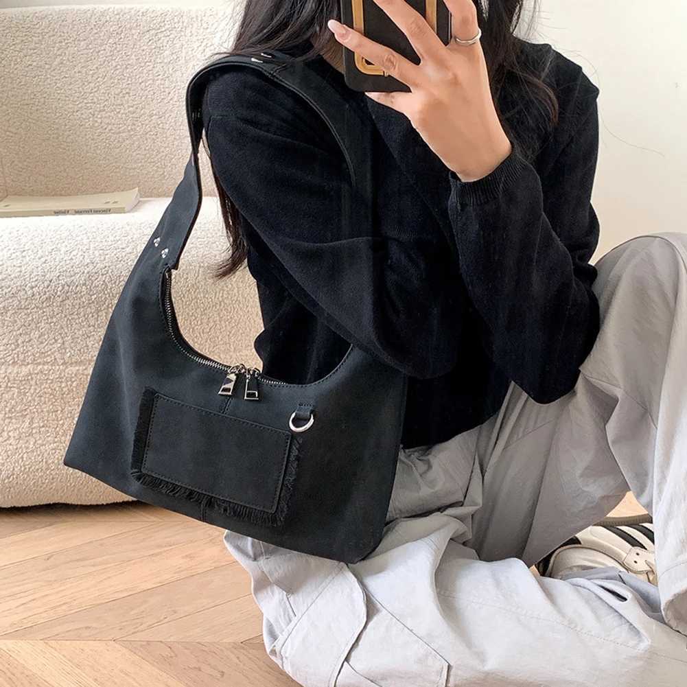 Ladies Suede Shoulder Bag with Double Zipper Tote Adjustable Strap Handbag Solid Clutch Purse for Work Travel 241011