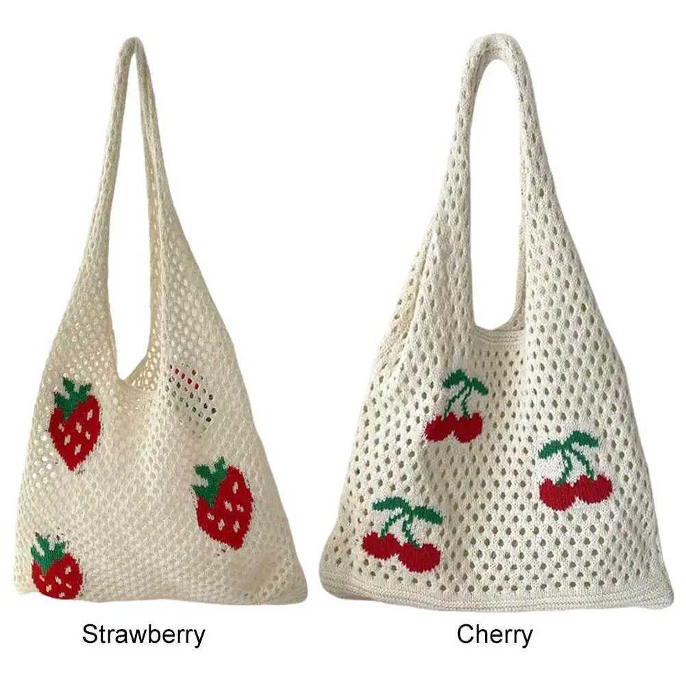 Womens Fashion Strawberry Cherry Pattern Crochet Handbag Large Capacity Shoulder Bag Casual Handbag Cute Fashion Bag Knitted Bag Y241011