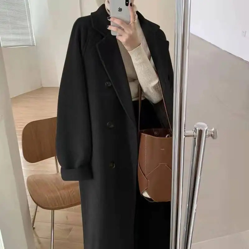 Blend Mid Length Wool Coats Splice Korean Jackets Turn Down Collar Full Sleeve Double Breasted Thick Autumn Winter 240930