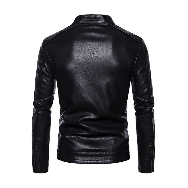 PU Casual Leather Jacket Men Fleece Motorcycle Biker Slim Fit Outerwear Solid Stand Collar Jackets 240930