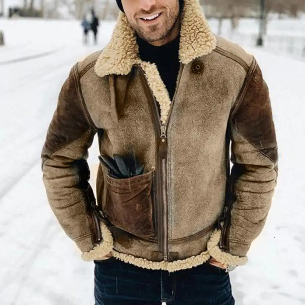 Mens Artificial Leather Fashion Coat Winter Warm Wool Jacket Thick Collar Casual Fashion Clothing 240930