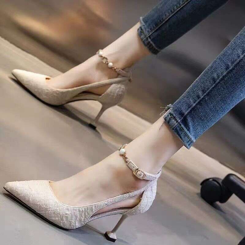 Women high heel shoes dress shoes women leather two colours cusp 5-8cm heels beautiful elegant casual shoes pearl chain trim