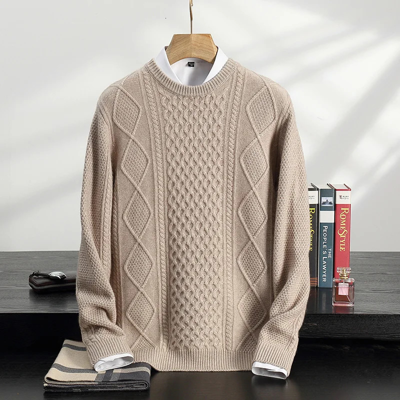 100 Cashmere Sweater Mens ThreePly Thick Twisted Heavy Round Neck Pullover Long Sleeve Casual Knitting Bottoming Warm 241009