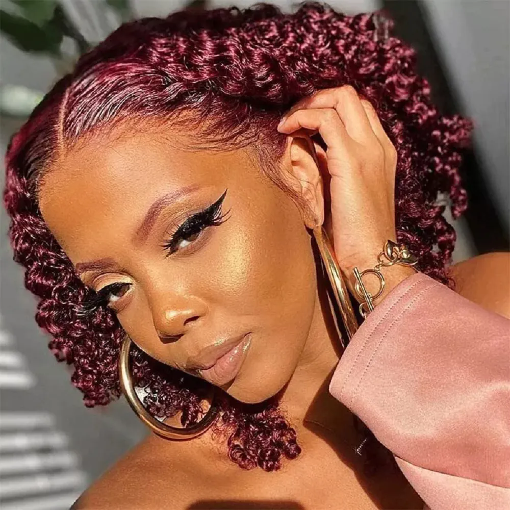 12-14inch Foreign trade European and American wig women 13*4 lace front wig Simulation human hair wine red short curly hair African synthetic wig