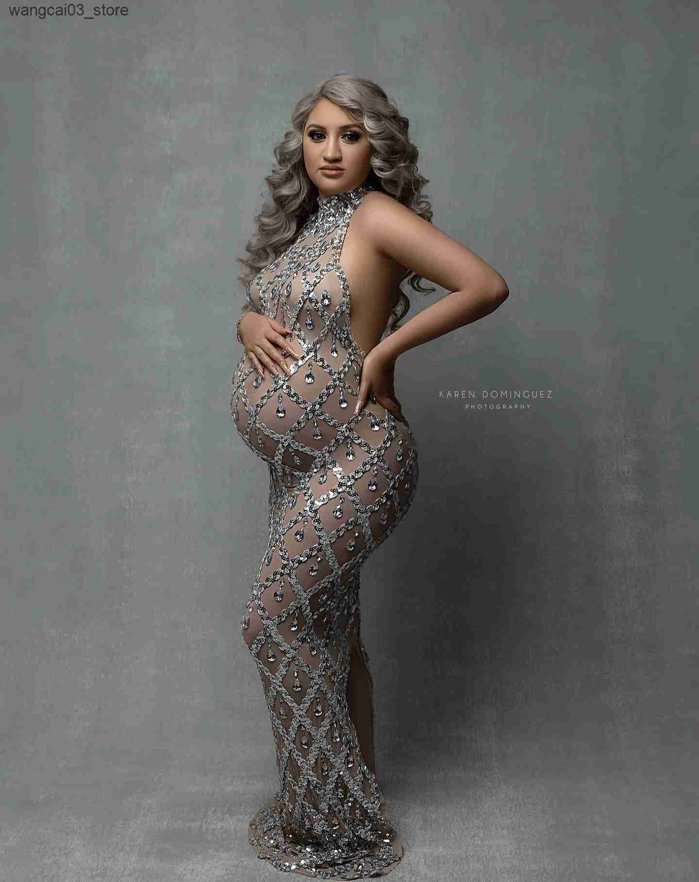 Maternity Dresses 2024 Sexy Tulle Crystals Maternity Photo Shoot Dress Luxury Sequins Rhinestone Bodycon Dress For Pregnancy Photography L240910