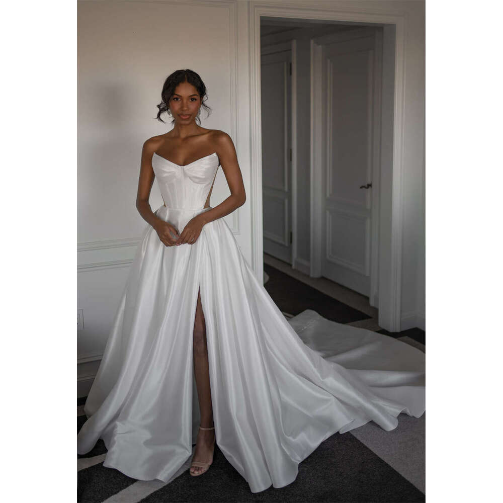 FIDDY898 Strapless Sleeveless Wedding Dresses High Quality Satin Fabric with Buttons Sweetheart Leg Split Bridal Dress C137