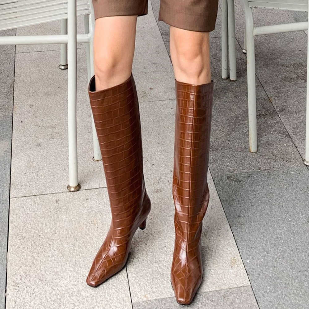 Crocodile Pattern Knight Martin Boots Women Boots Leather Thick High Heel Straight Leg Boots Long Leg Boots Knee Length Boots Boots 240826
