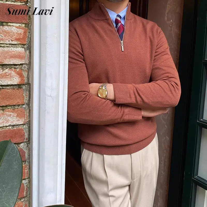 Classic mens knitted jumper top solid color long sleeved zipper collar sweater autumn fashion knitted floral mens sweater 241007