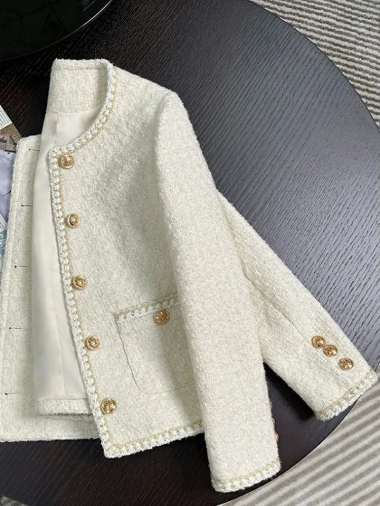 Jmprs fashionable white coarse woolen jacket womens long sleeved sweet jacket fashionable O-neck elegant casual womens fully matched top 240930