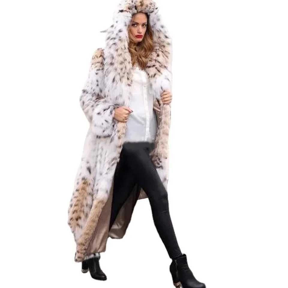 Womens winter warm thick new mink coat medium long leopard print long synthetic fox mink coat hooded loose fitting womens coat W241010