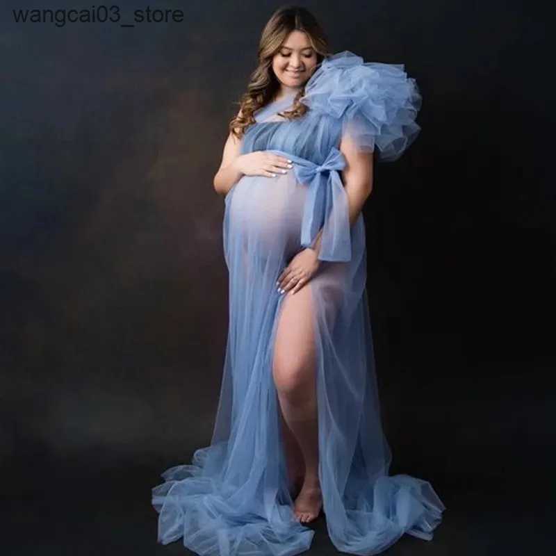 Maternity Dresses Sexy One Shoulder Maternity Women Photography Props Dress Premama Solid Tulle Mesh Maxi Baby Shower Gowns For Pregnancy Clothing L24