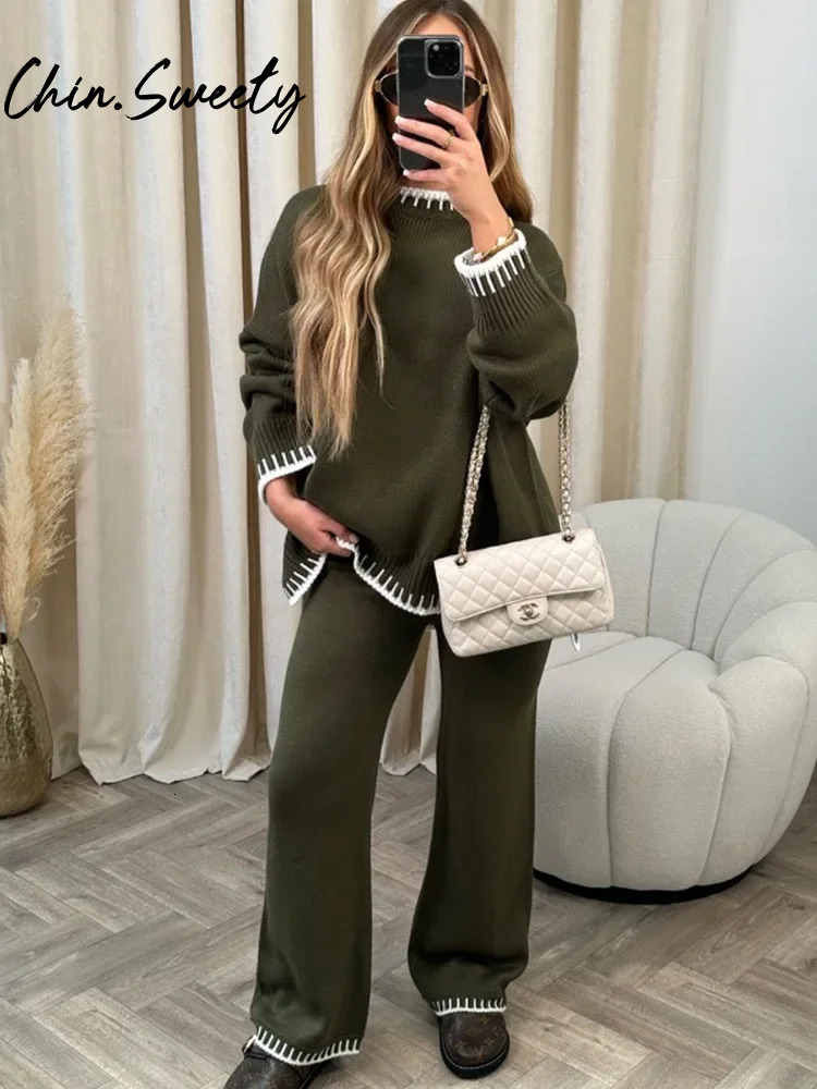 Casual Striped Knitted Set Women Elegant Split Pullover Sweater Elastic High Waist Straight Trousers Lady Outfit Autumn 2024