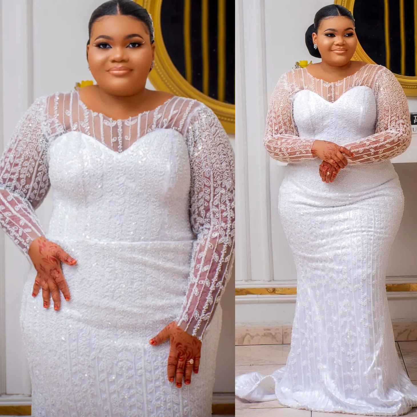 2024 Arabic Aso Ebi Plus Size White Mermaid Wedding Dresses Full Sleeves Sequined Lace Vintage Elegant Bridal Gowns Dress ZJ6454