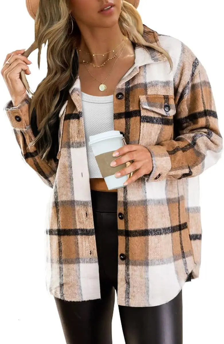Womens Fall Outfits Fashion Clothes Shackets Flannel Plaid Button Down Long Sleeve Shirts Jackets 241011