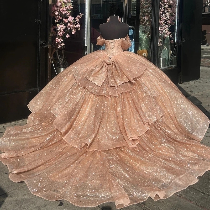 Gold Shiny Princess Sweetheart Quinceanera Dresses Off Shoulder Gillter Beads Lace-up Corset Charro Vestido Xv 15 Anos Sweet 16 Dress