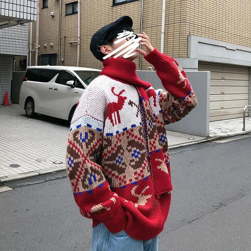 Thick Winter Sweater Mens Red O-neck Pullovers Fashion Christmas Lovers Sweater Japan Casual Loose Preppy Style Male Pullovers 241009