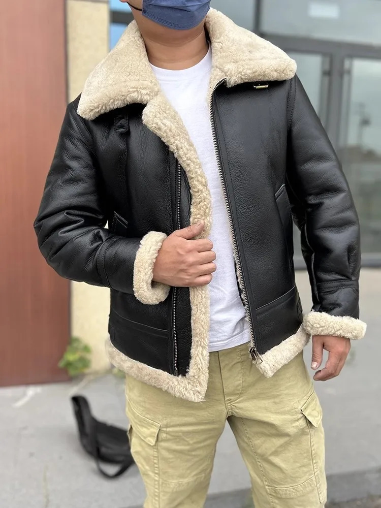 Winter genuine leather Pilot jacket with warm wool lining and wool short jacket for street wear mens genuine leather motorcycle jacket size 5XL 6XL 24