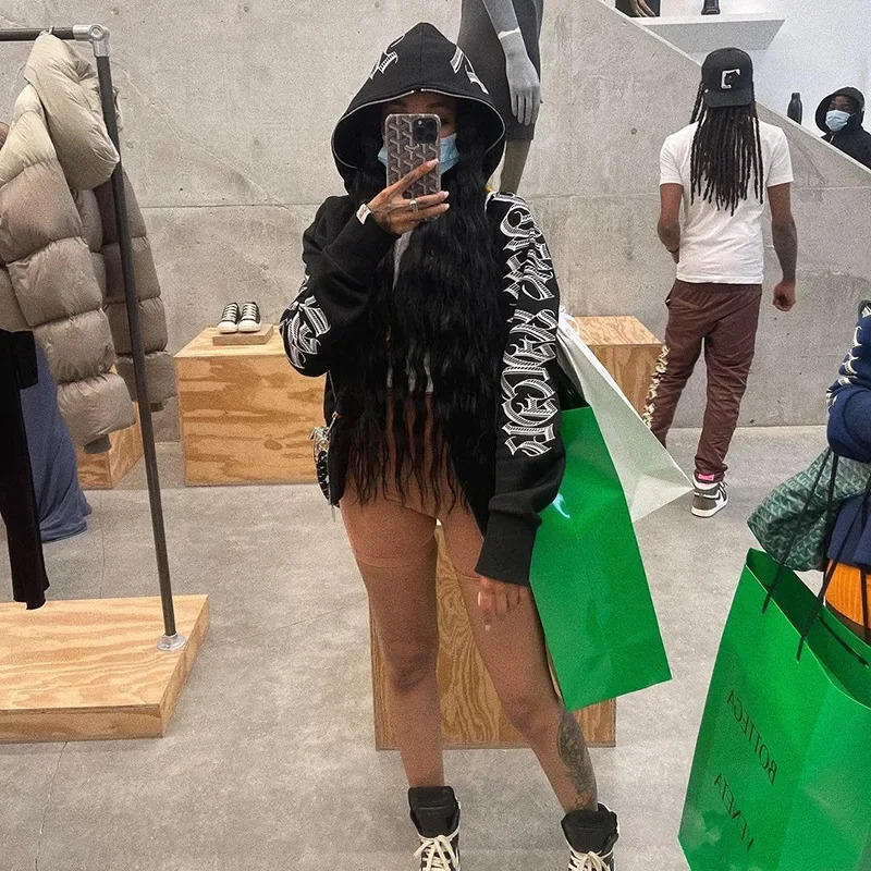 Fashion Trend Monochrome Printed Punk Cool Hoodie Zipper Long Sleeve Sweater 241009