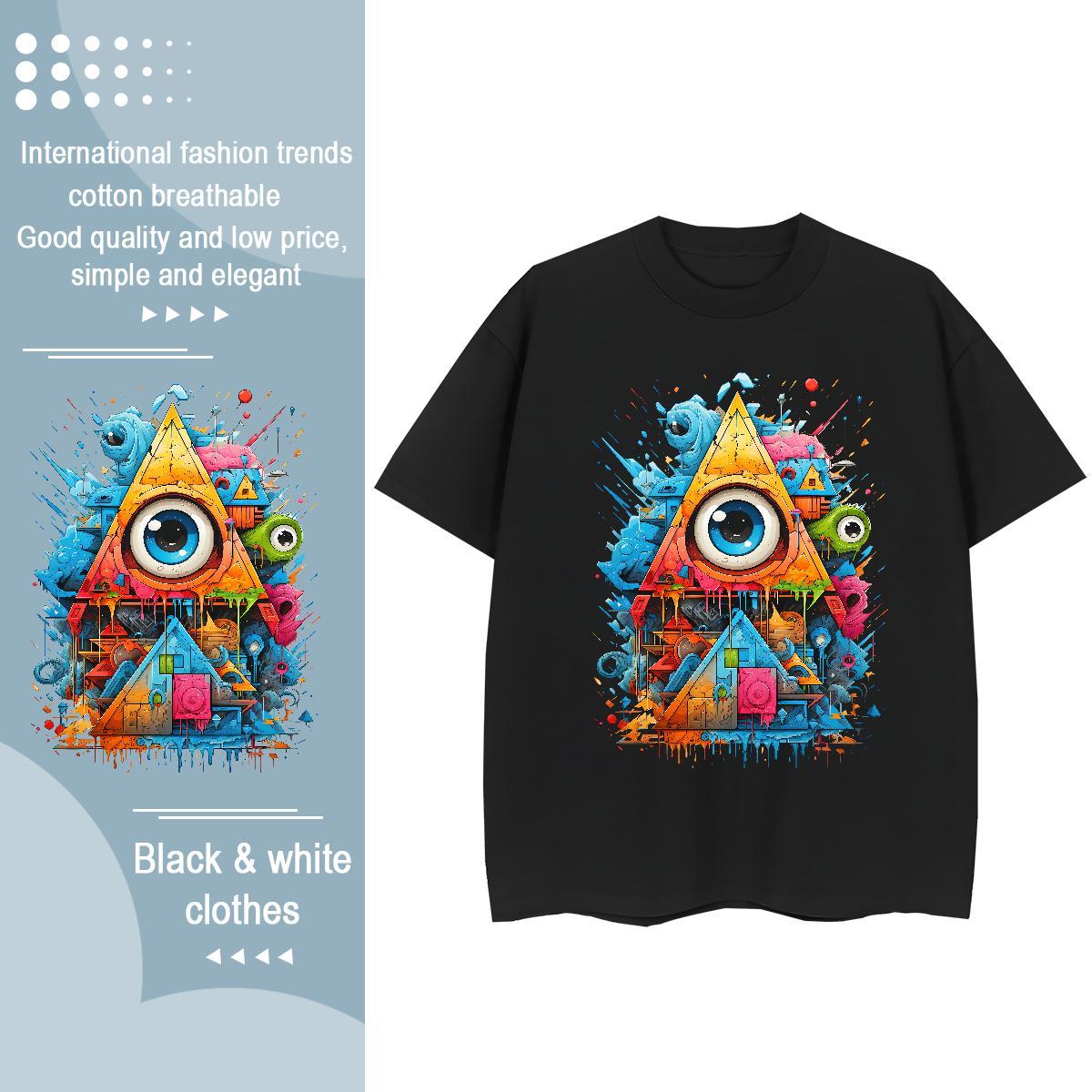 Fashion T-Shirts 230g Pure Cotton Round Neck Short Sleeve Hip Hop eye of the devil Women Tees Nice Cartoon Floral Printing Tops Shirt
