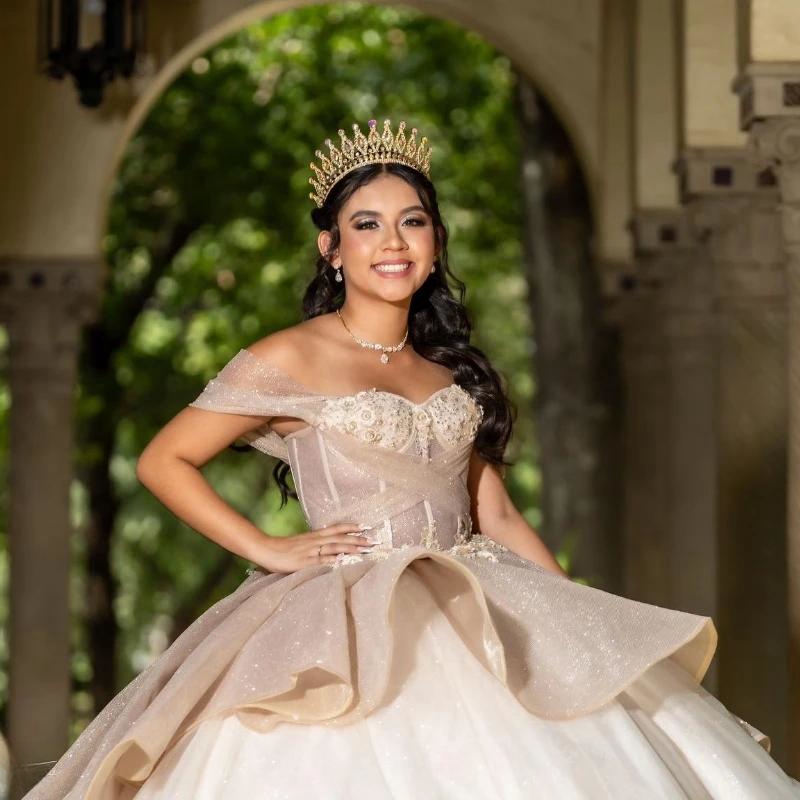 Champagne Shiny Quinceanera Dresses Ball Gown Off the Shoulder Crystal Appliques Lace Tull Corset Vestido De 15 Anos Sweet 16 Dress