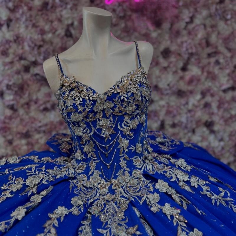 Royal Blue Shiny Quinceanera Dresses Sweetheart Applique Lace Beads Tull Spaghetti Strap Princess Birthday Party Vestidos de 15 anos