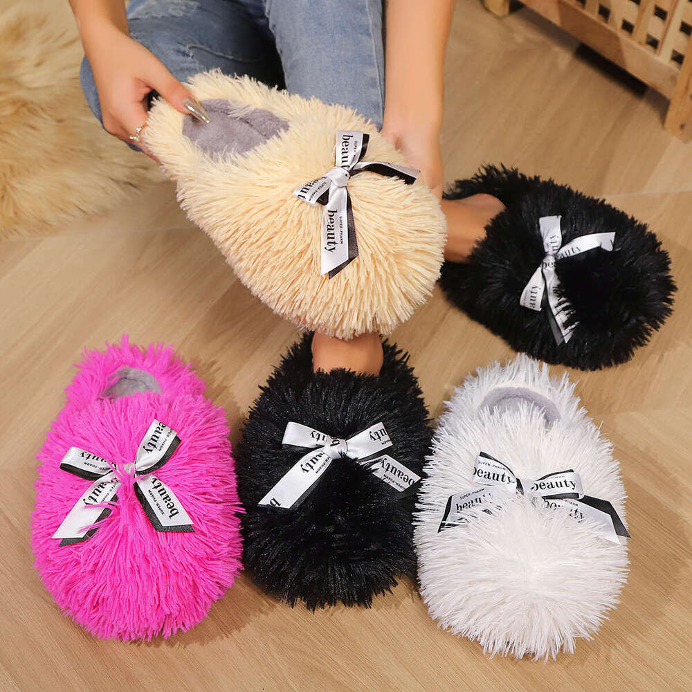 Women cotton slippers Velvet slippers Winter New Imitation Tan Sheep Long Hair Warm Women's Cotton Slippers Butterfly Knot Home Indoor