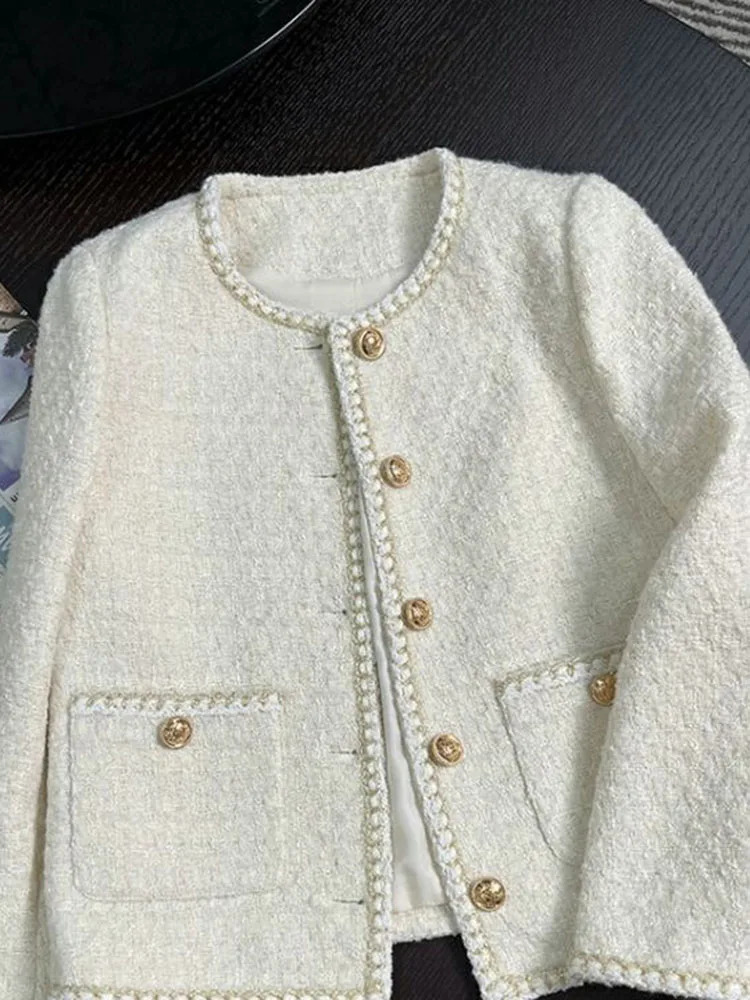 Jmprs fashionable white coarse woolen jacket womens long sleeved sweet jacket fashionable O-neck elegant casual womens fully matched top 240930