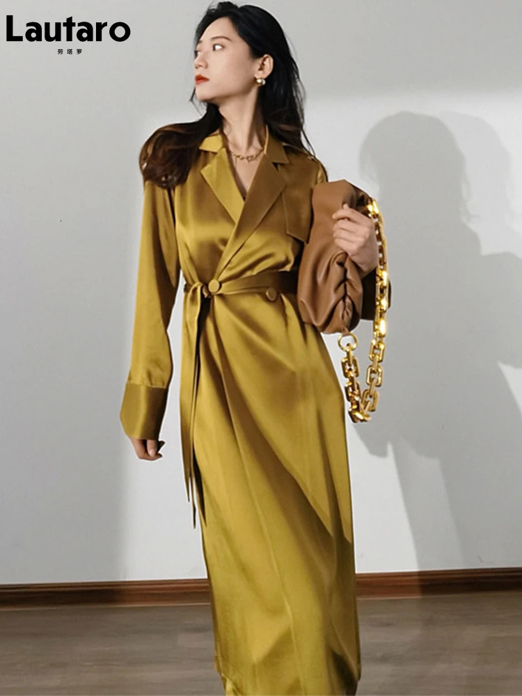 Lautaro Spring Autumn Long Soft Elegant Flowy Satin Acetate Trench Coat for Women High Quality Chic British Fashion 241008