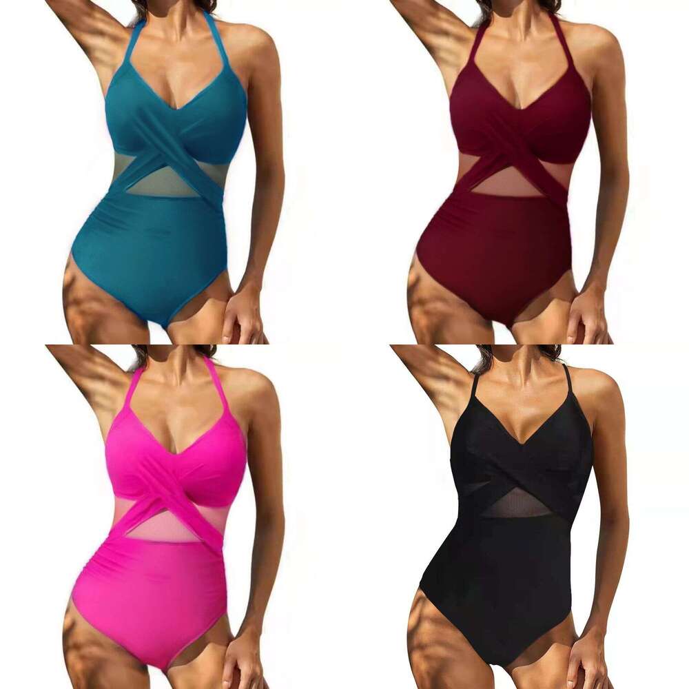 2023 New Swimsuit Cross Style Sexy Open Back Mesh Splicing One Piece Bikini Women