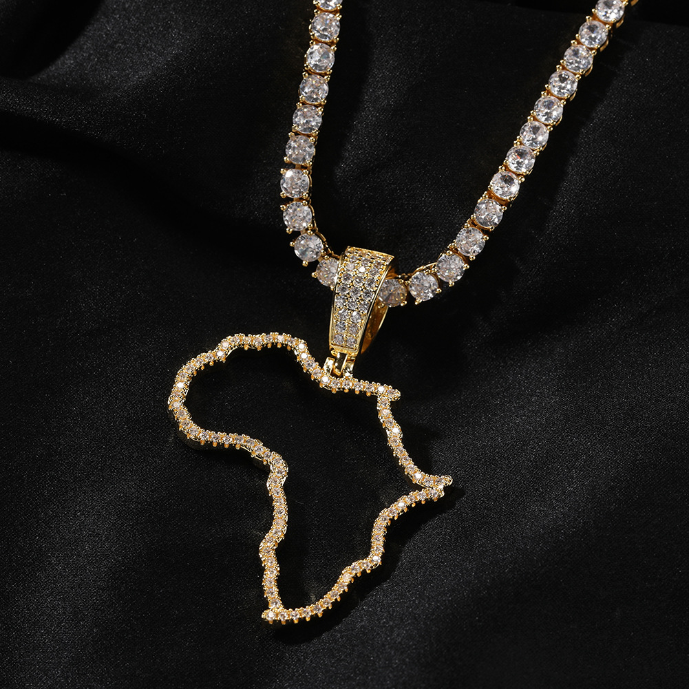 Vintage Hollow Map of Africa Pendant Necklace 5A Zircon Men Women Couple Jewelry