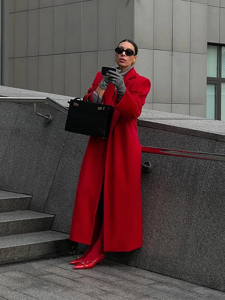 Fashion Red Turn Down Collar Long Overcoats Elegant Lady Solid Sleeves With Pocket Coats 2024 Autumn Winter High Streetwear 240930