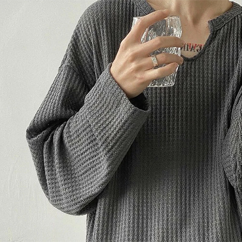 Mens Retro Loose Lazy Stylish Long Sleeve T-Shirt Casual O Neck Solid Exposed Clavicle Tops Breathable Basic Shirt 2024 241011