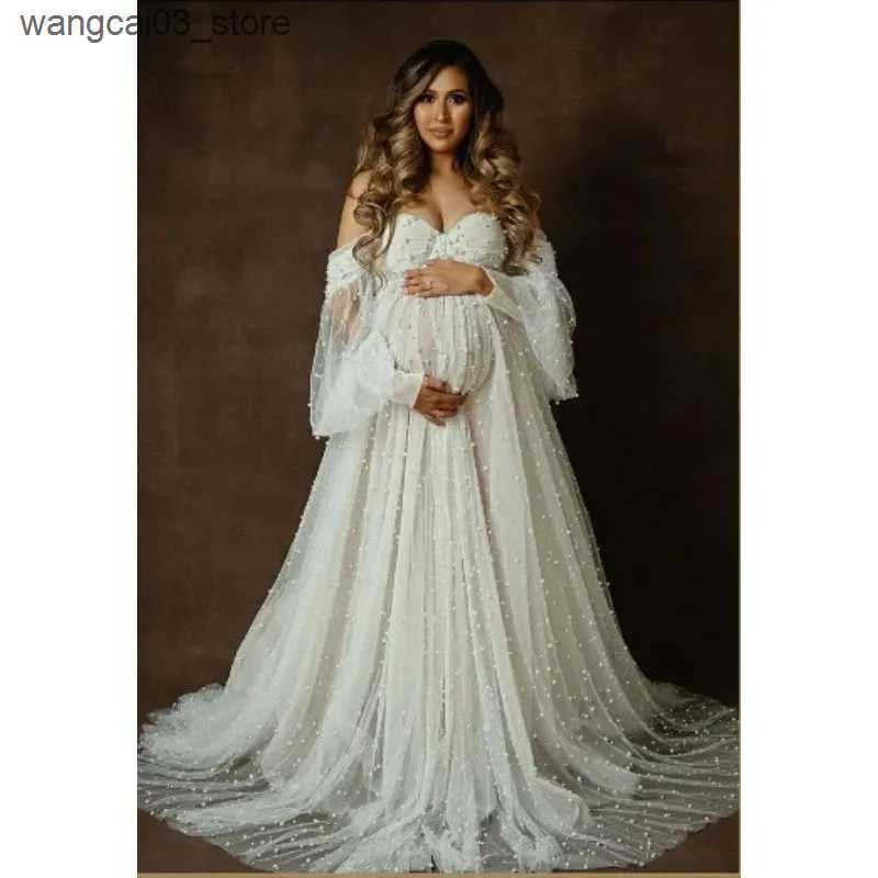 Maternity Dresses Maternity Photography Props Dress Dense Pearl White Yarn Maternity Photography Clothing Babyshower Gown Photo Shoot Pregnant L240910