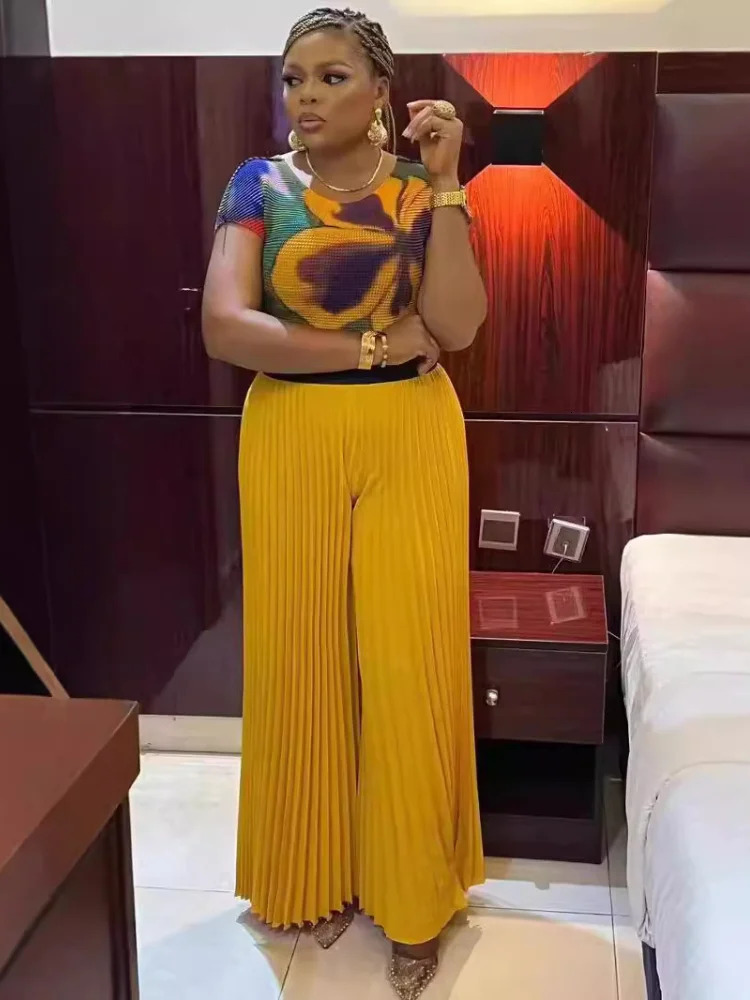 EGRM Miyake Pleated 2 Piece Sets Women Short Sleeve High-End Print Top&Large Size High Waist Folds Wide Leg Pants Set 2024 New