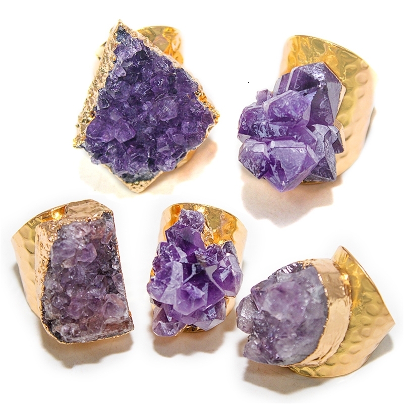 Irregular Rough Stone Ring for Women Purple Crystal Cluster Gemstones Jewelry Open Finger 240906