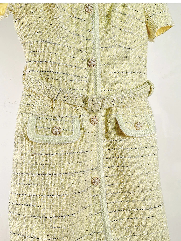 French little perfume tweed dress autumn womens short sleeved celebrity button plain wool belt short vest 241010